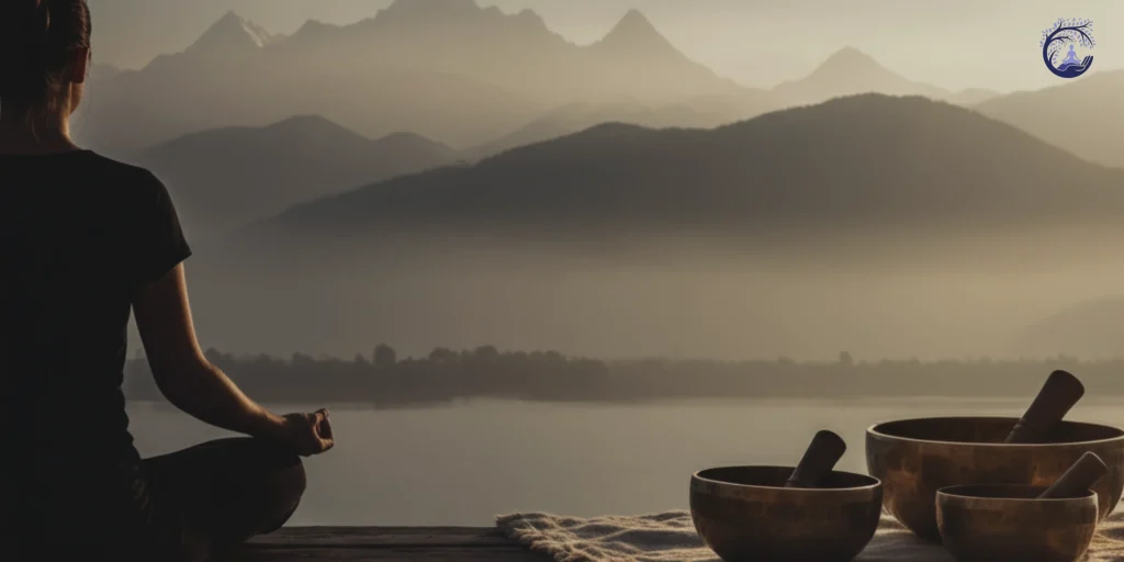 a person meditating in a peaceful place with lake with sound healing bowl in her side